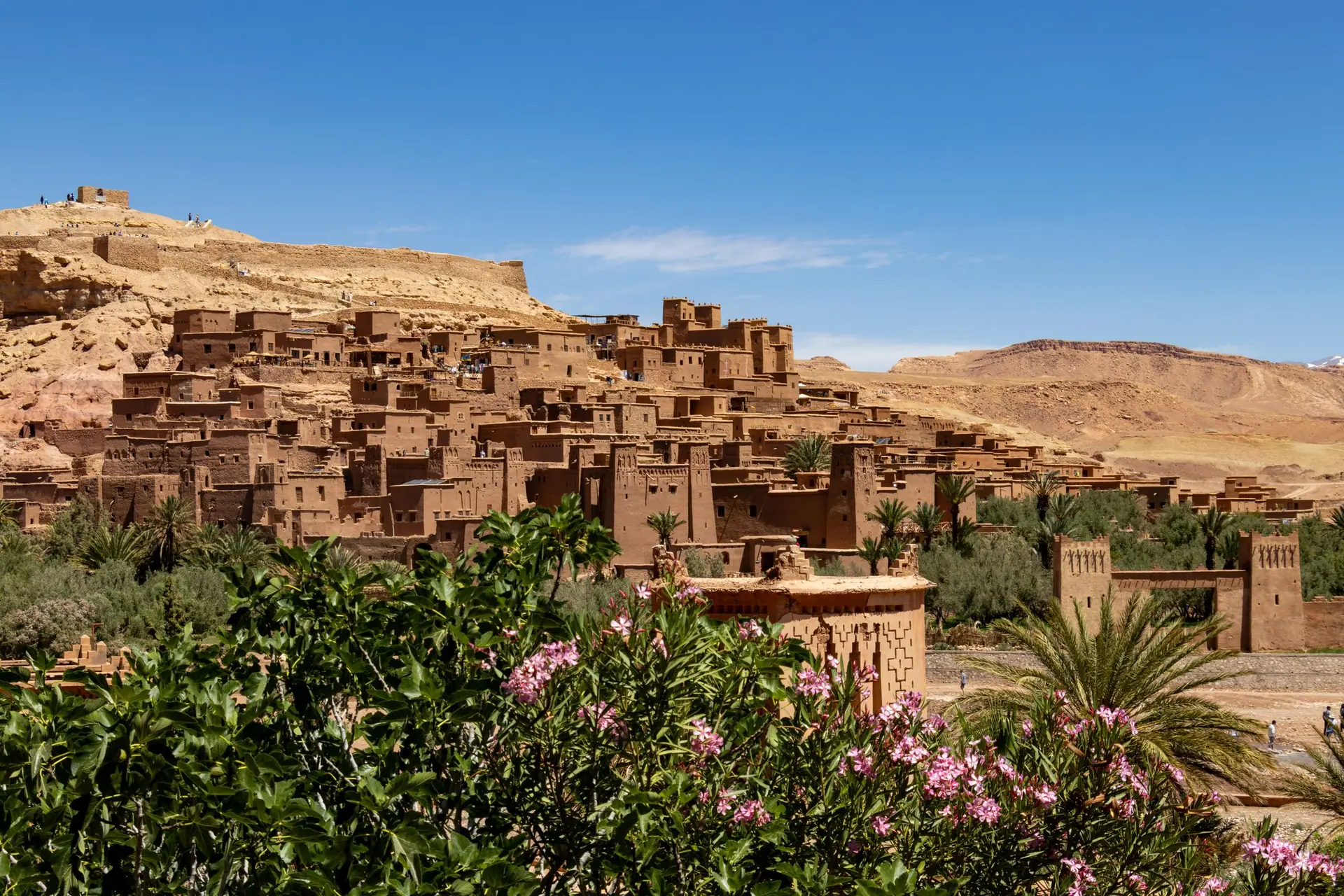 Explore the ancient architecture of Aït Ben Haddou surrounded by lush greenery under a clear blue sky.