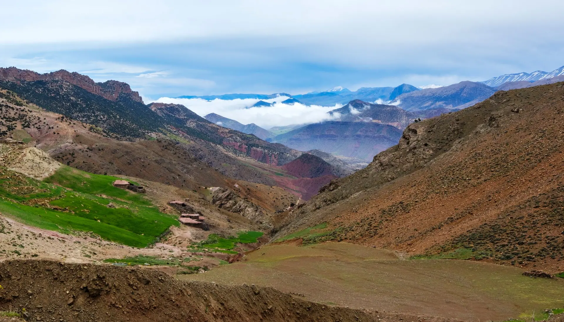 Stunning panoramic view of the Atlas Mountains with vibrant valleys.